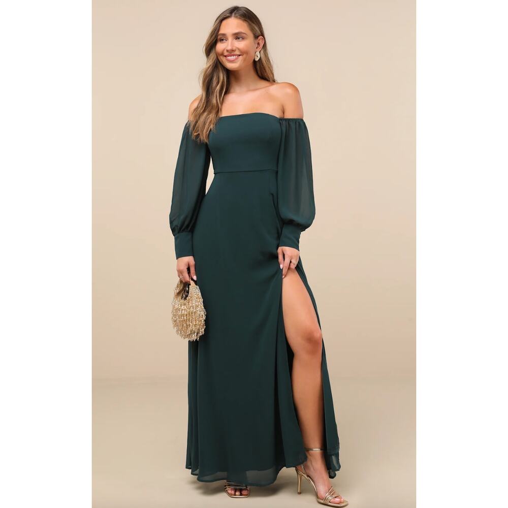 Lulus Feel the Romance Emerald Green Of The Shoulder Maxi Dress Formal L NWT